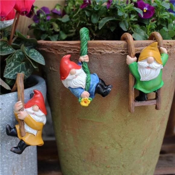 Set of 3 Garden Gnome Statues for Plant Pots Whimsical Climbing Dwarf Figurines - Picture 1 of 7